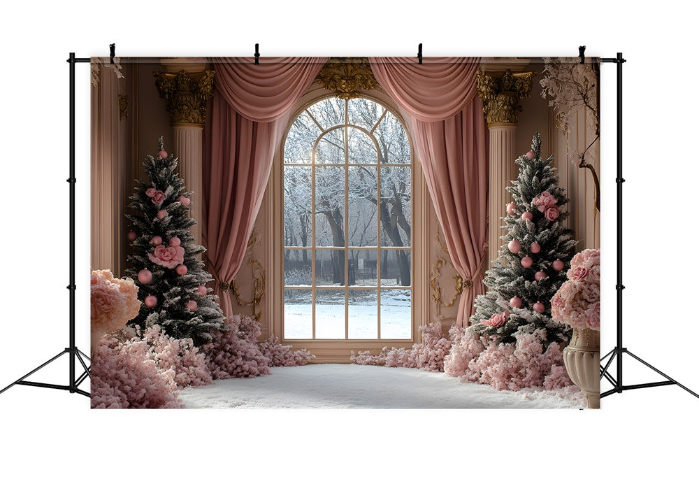 Christmas Tree Pink Curtain Window View Backdrop UK RR9-49