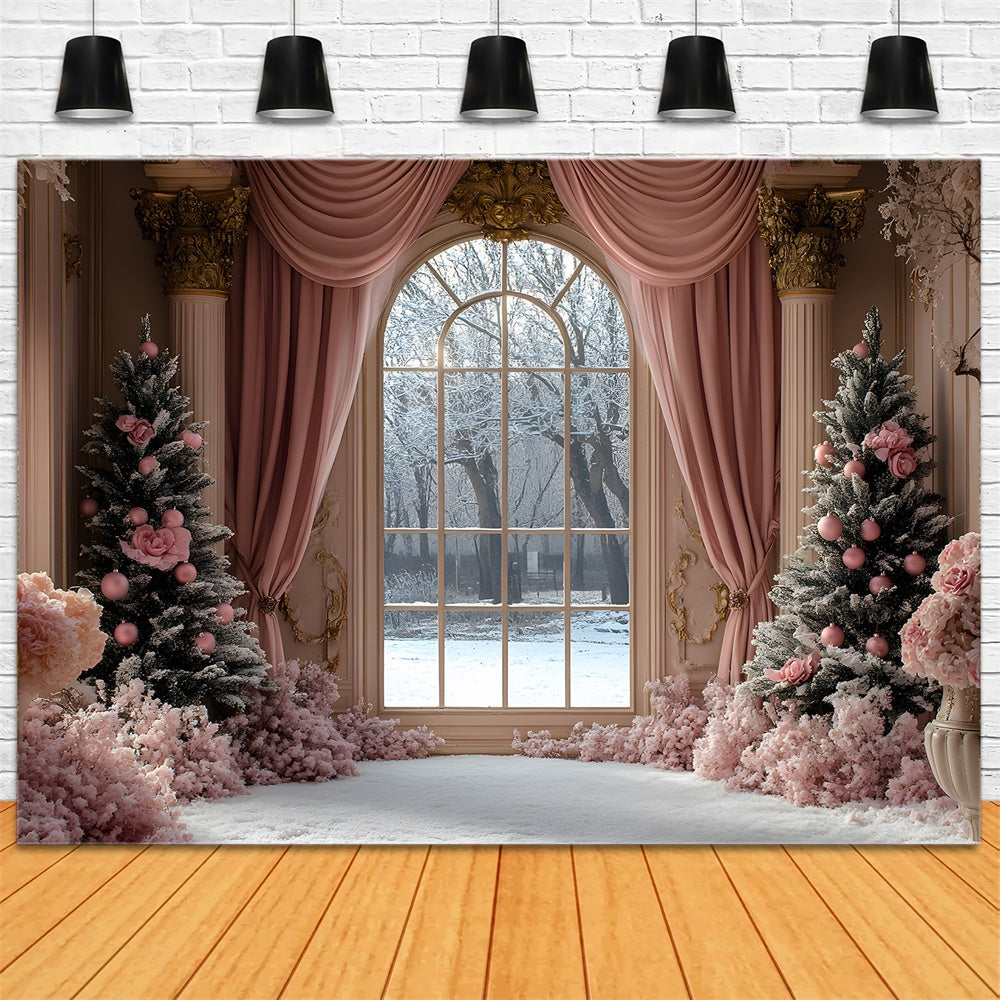 Christmas Tree Pink Curtain Window View Backdrop UK RR9-49