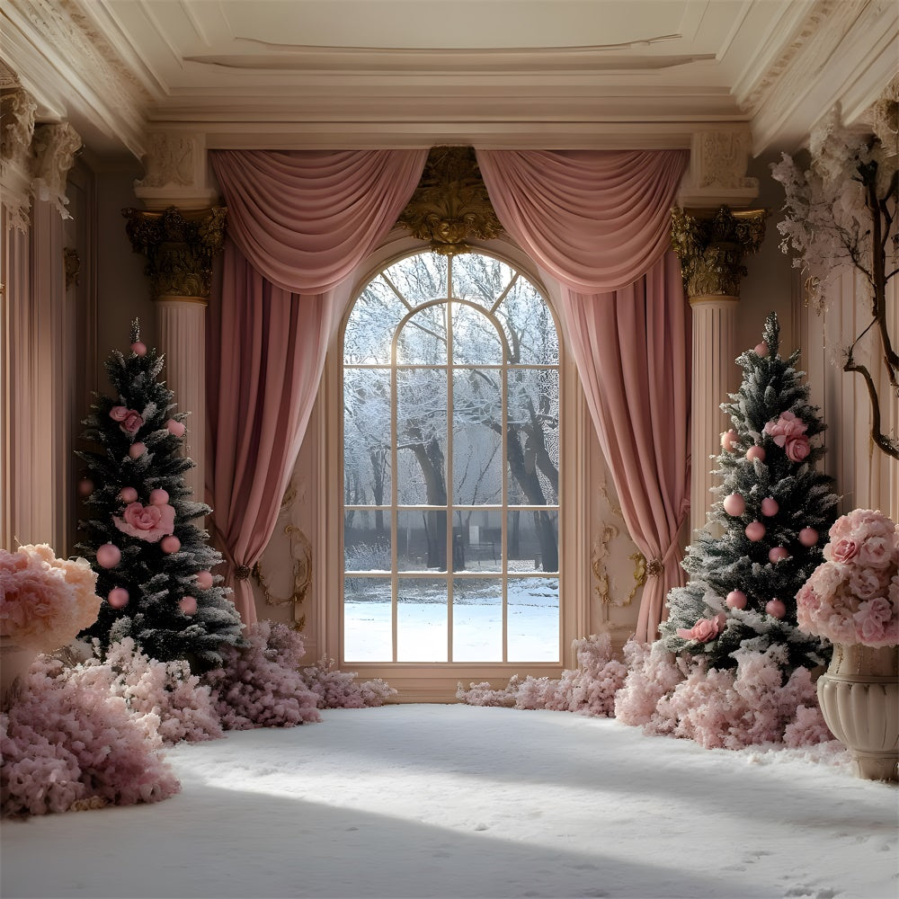 Christmas Tree Pink Curtain Window View Backdrop UK RR9-49