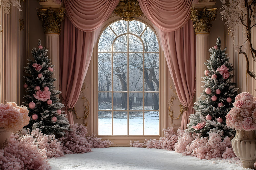 Christmas Tree Pink Curtain Window View Backdrop UK RR9-49