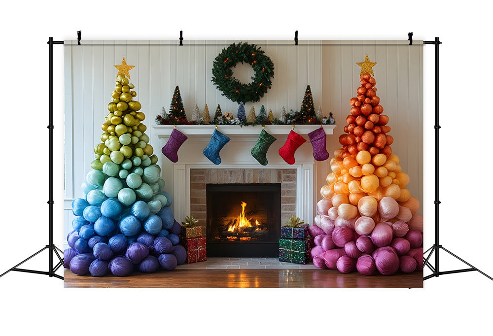 Christmas Rainbow Ball Tree Fireplace Backdrop UK RR9-50