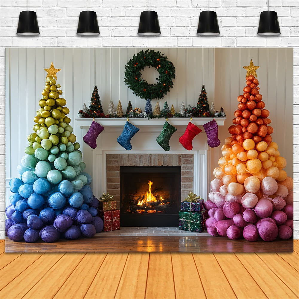 Christmas Rainbow Ball Tree Fireplace Backdrop UK RR9-50