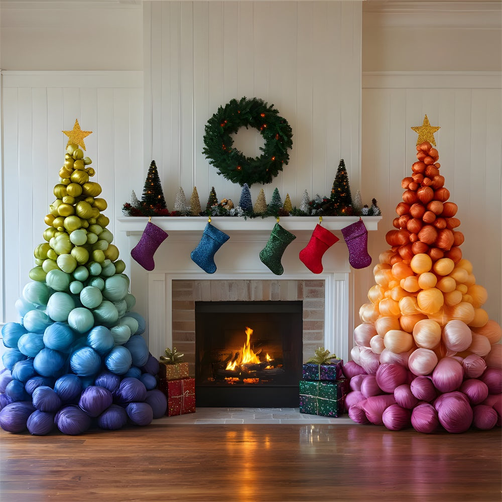 Christmas Rainbow Ball Tree Fireplace Backdrop UK RR9-50