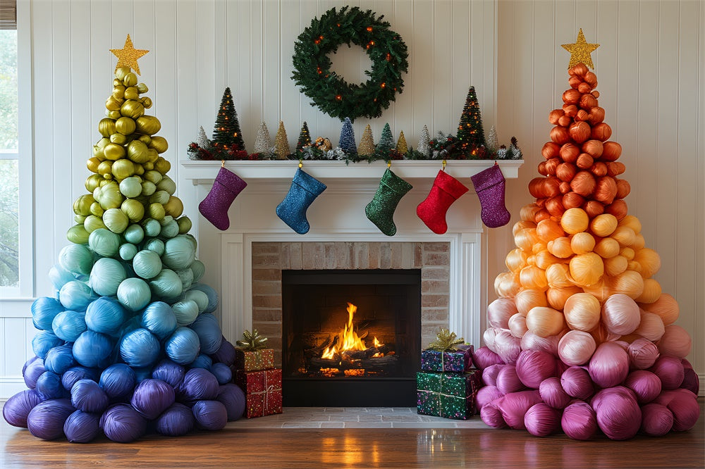 Christmas Rainbow Ball Tree Fireplace Backdrop UK RR9-50