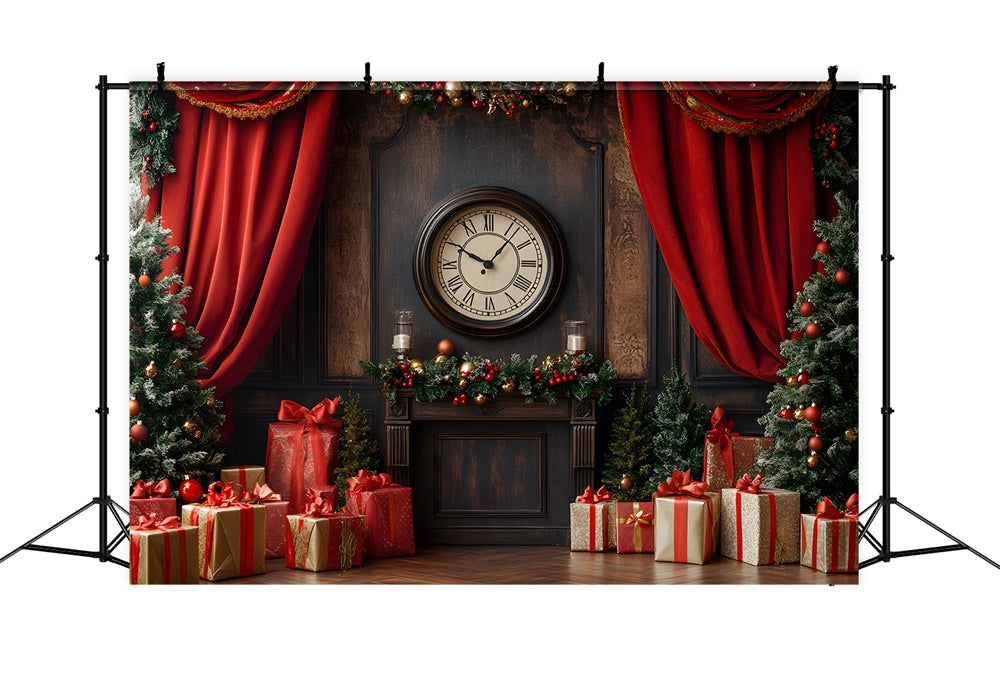 Vintage Clock Christmas Wall Curtain Trees Backdrop UK RR9-52