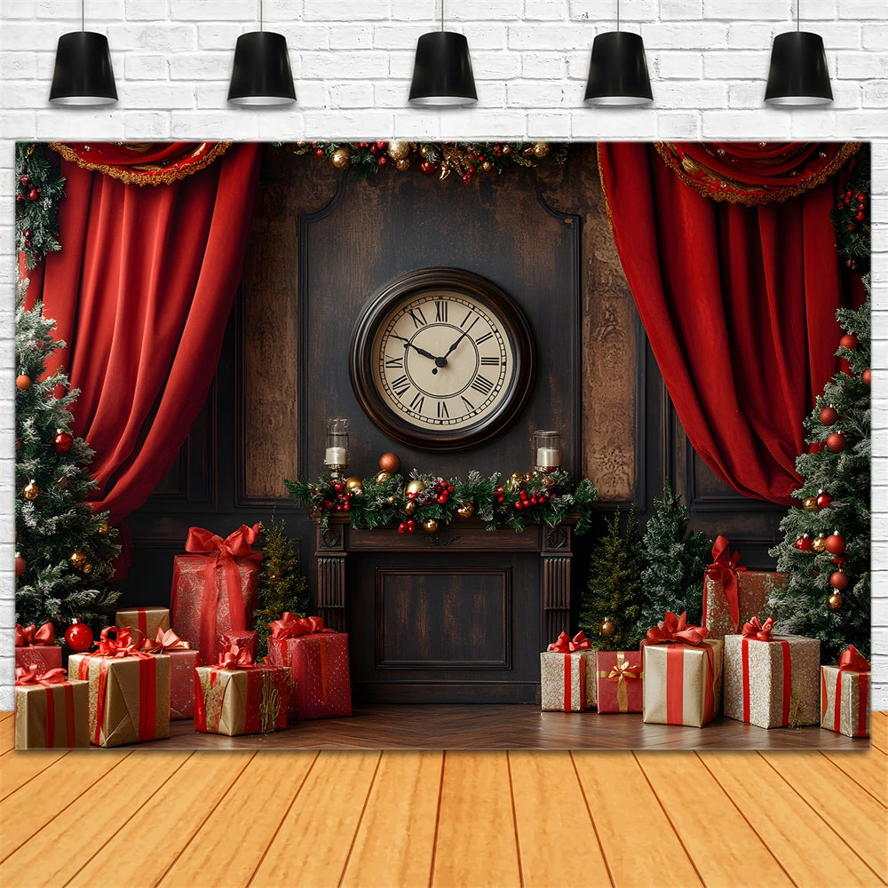 Vintage Clock Christmas Wall Curtain Trees Backdrop UK RR9-52