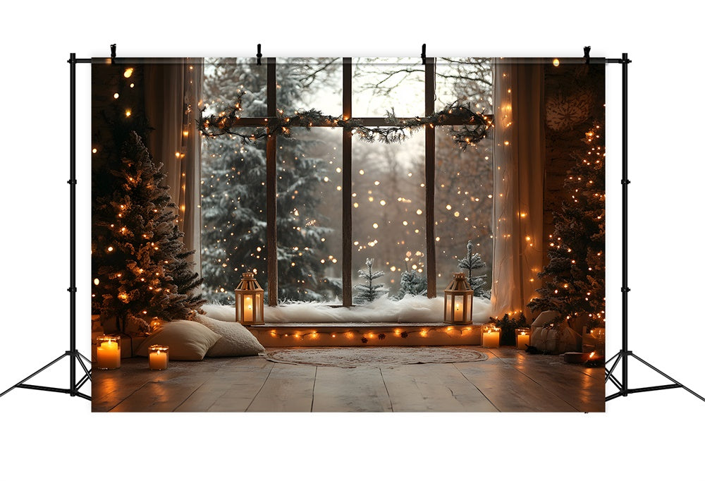 Christmas Window Snowy Forest View Lights Backdrop UK RR9-55