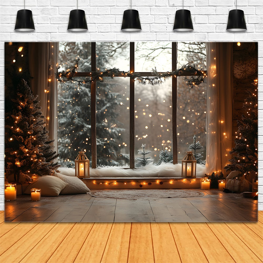 Christmas Window Snowy Forest View Lights Backdrop UK RR9-55