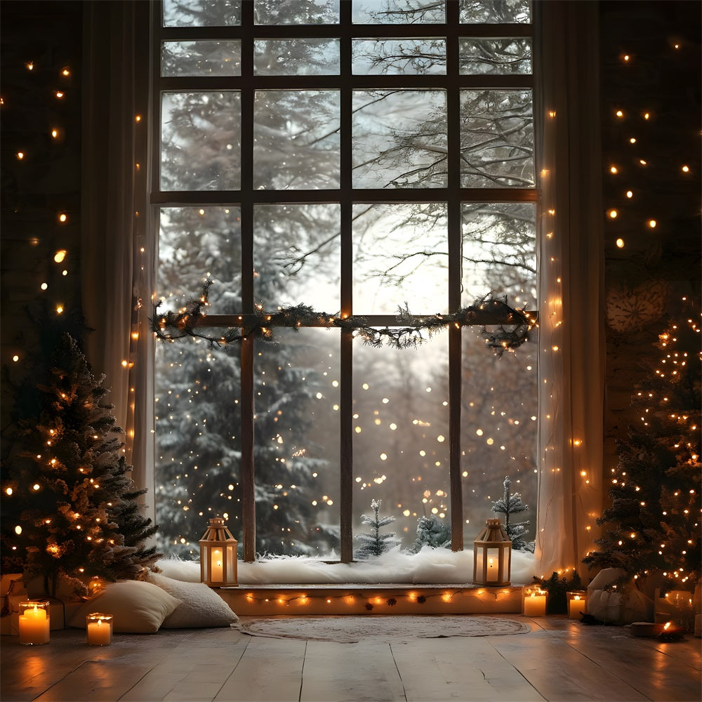 Christmas Window Snowy Forest View Lights Backdrop UK RR9-55