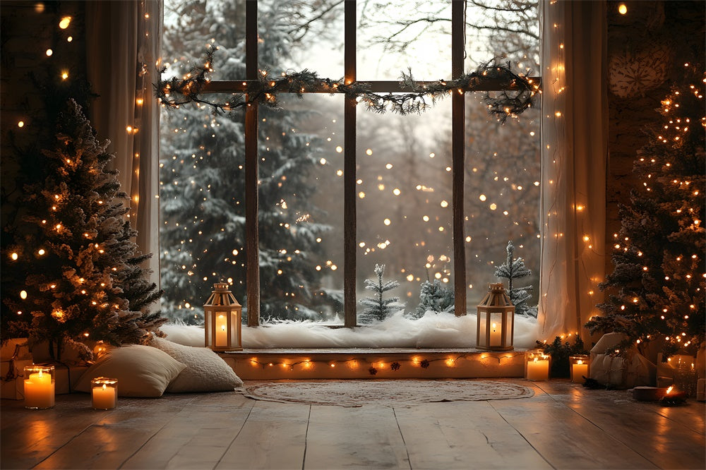 Christmas Window Snowy Forest View Lights Backdrop UK RR9-55