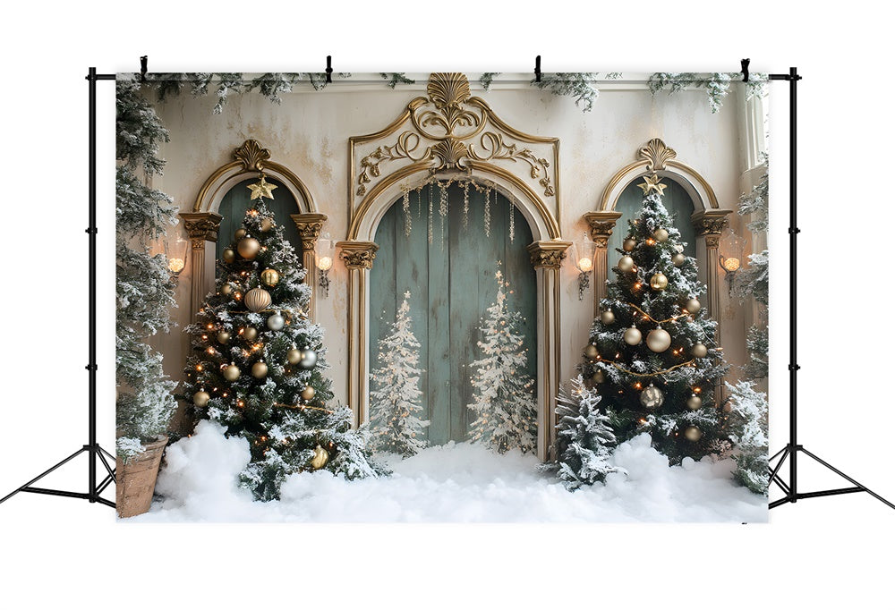 Snow Covered Christmas Tree Vintage Door Backdrop UK RR9-58