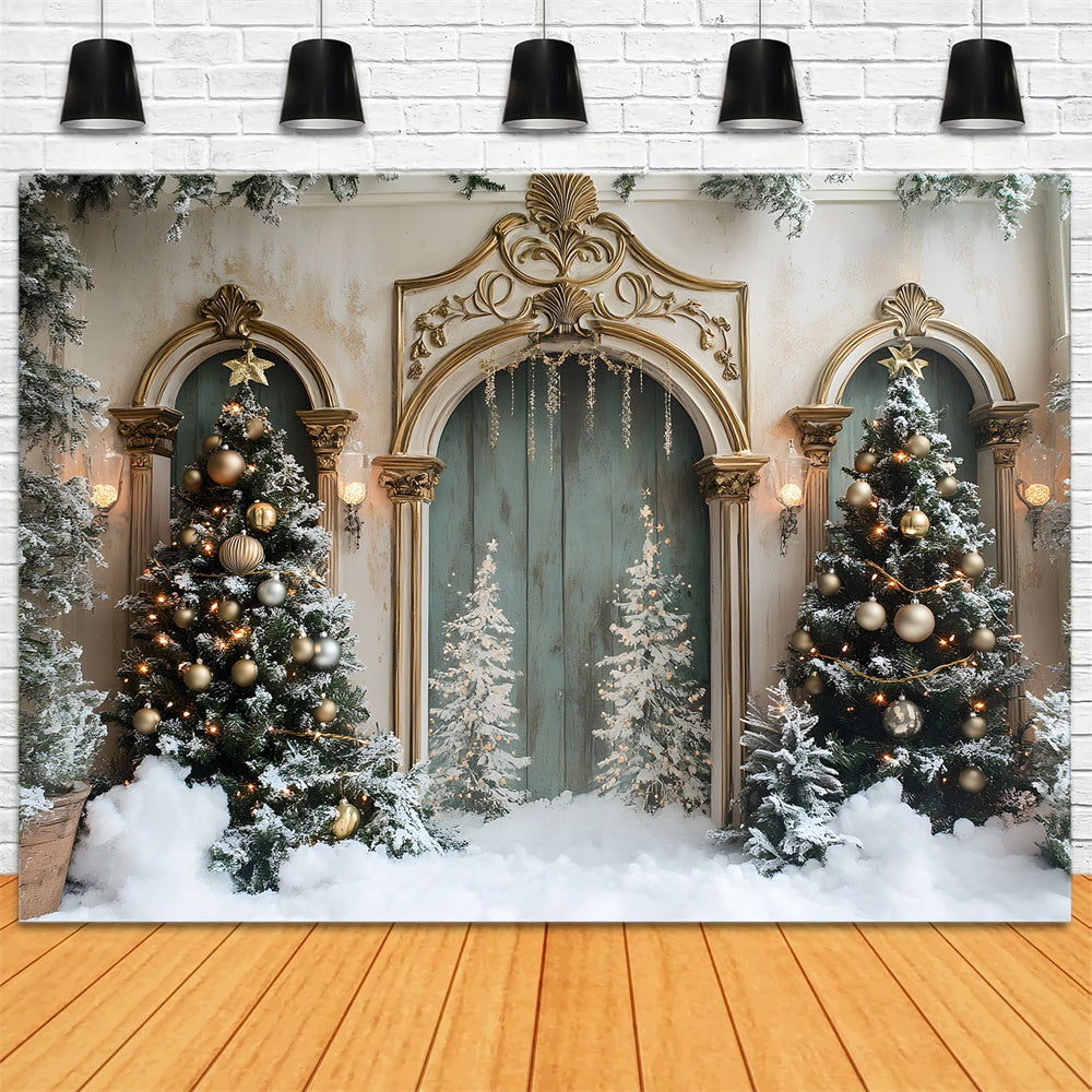 Snow Covered Christmas Tree Vintage Door Backdrop UK RR9-58