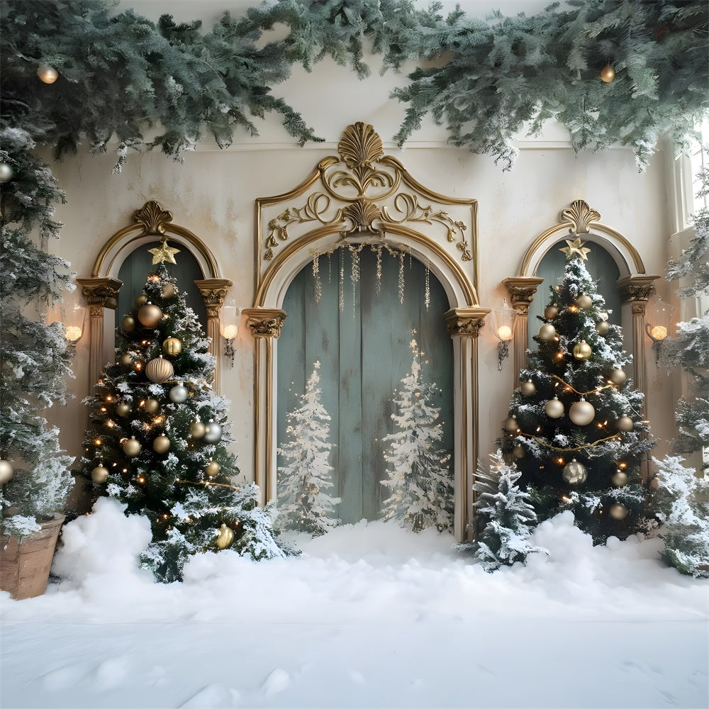 Snow Covered Christmas Tree Vintage Door Backdrop UK RR9-58