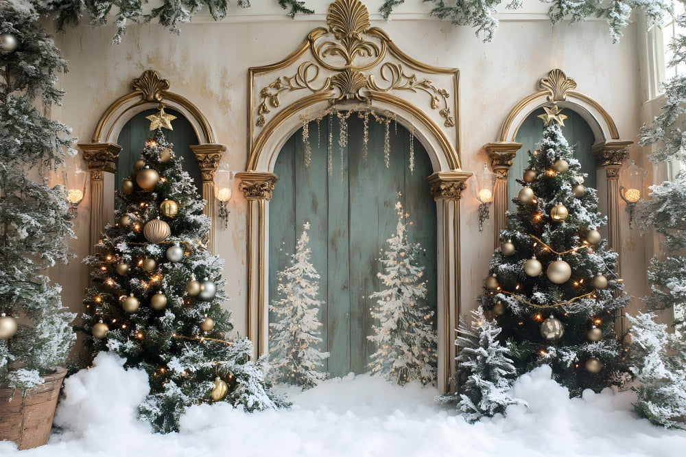 Snow Covered Christmas Tree Vintage Door Backdrop UK RR9-58