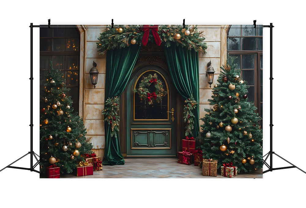 Christmas Green Door Curtain Decorated Trees Backdrop UK RR9-62