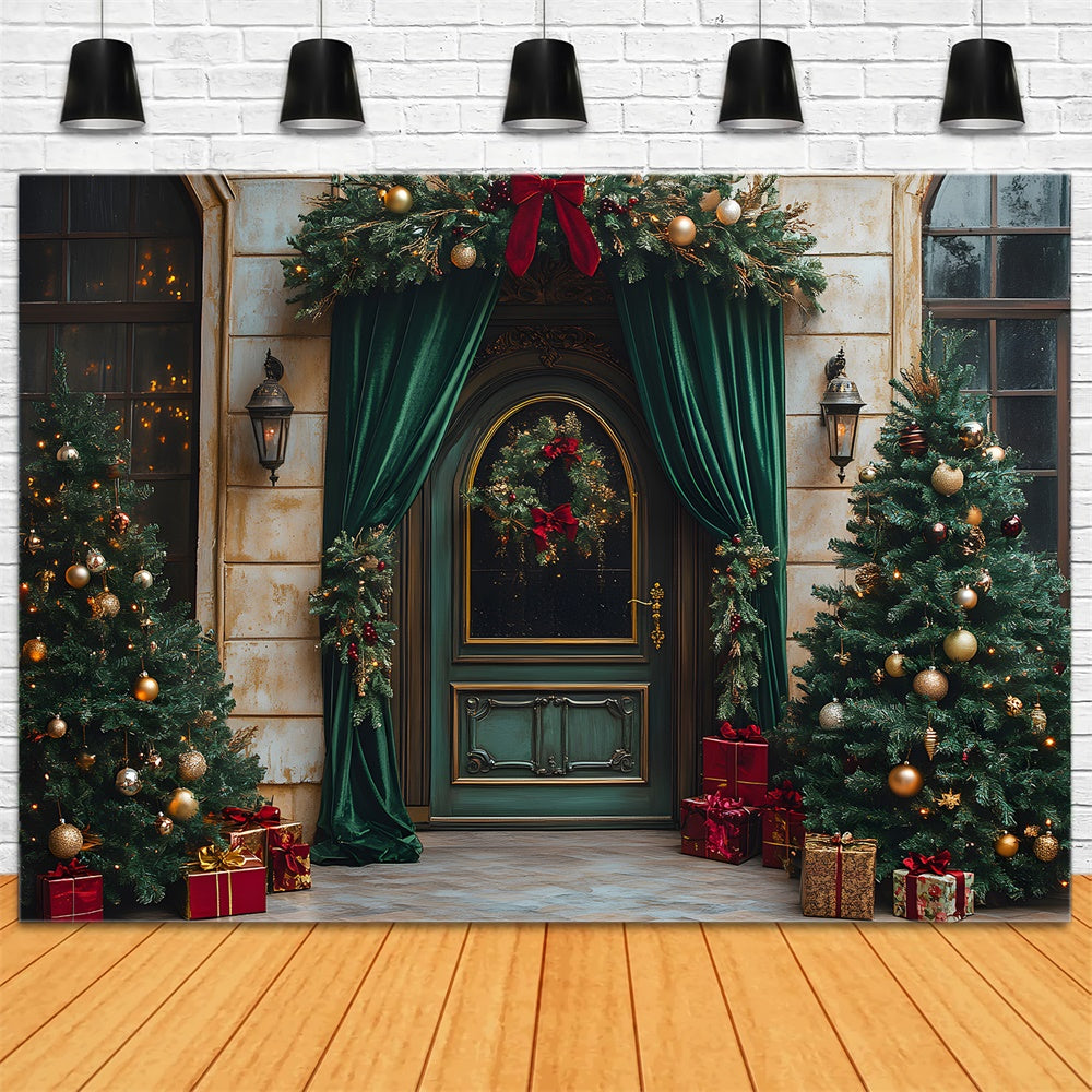 Christmas Green Door Curtain Decorated Trees Backdrop UK RR9-62