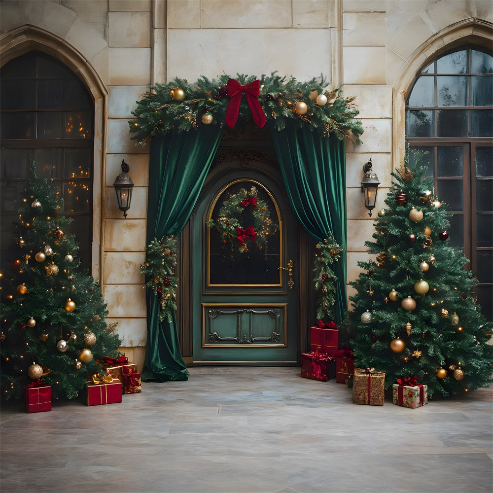 Christmas Green Door Curtain Decorated Trees Backdrop UK RR9-62