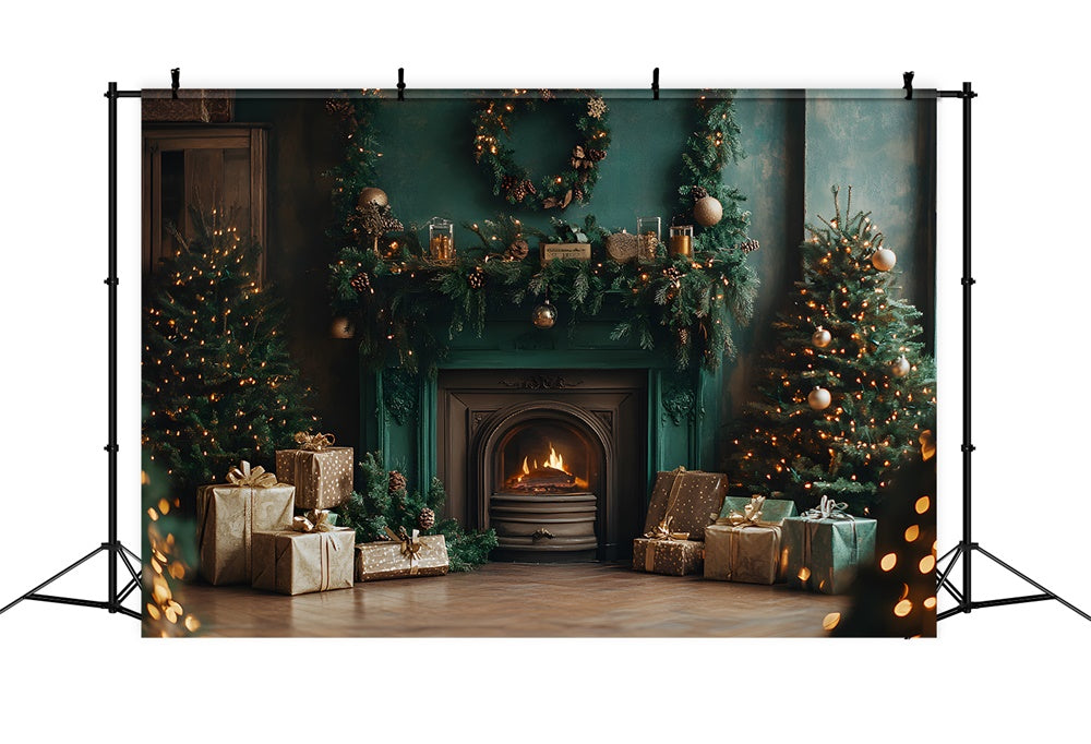 Christmas Vintage Green Wall Fireplace Backdrop UK RR9-63