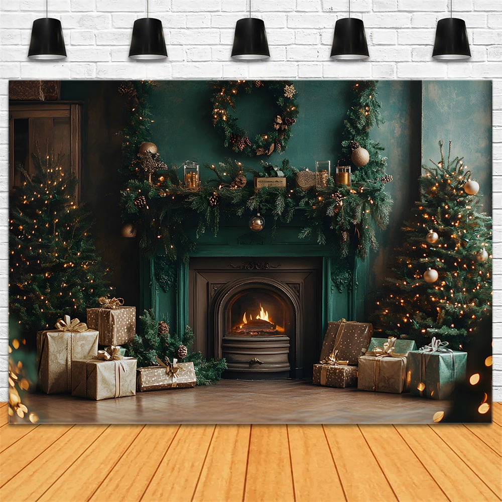 Christmas Vintage Green Wall Fireplace Backdrop UK RR9-63