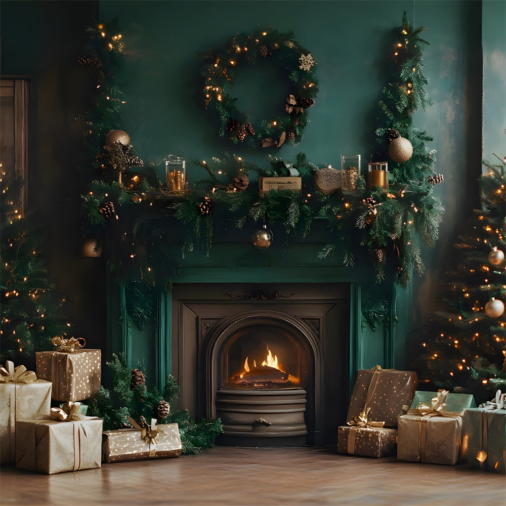 Christmas Vintage Green Wall Fireplace Backdrop UK RR9-63