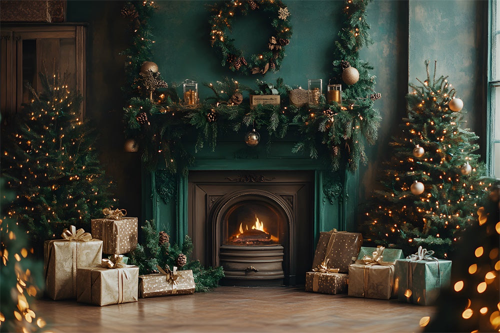 Christmas Vintage Green Wall Fireplace Backdrop UK RR9-63