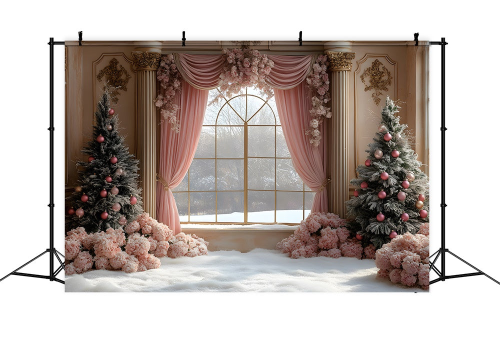 Christmas Pink Curtain Flower Window View Backdrop UK RR9-67