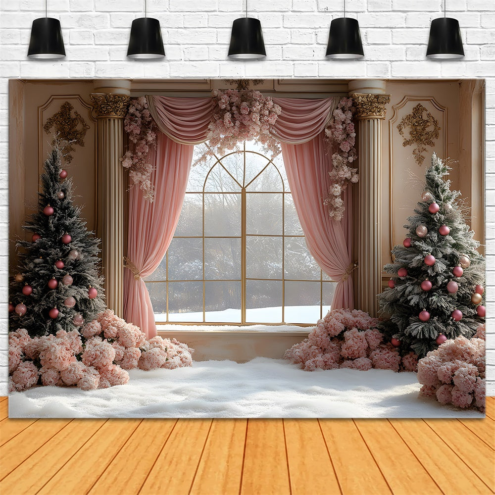 Christmas Pink Curtain Flower Window View Backdrop UK RR9-67