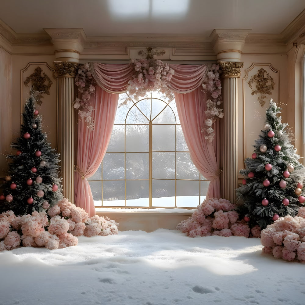 Christmas Pink Curtain Flower Window View Backdrop UK RR9-67