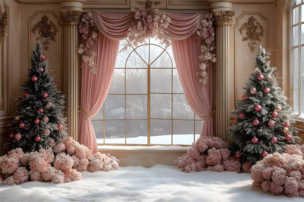 Christmas Pink Curtain Flower Window View Backdrop UK RR9-67