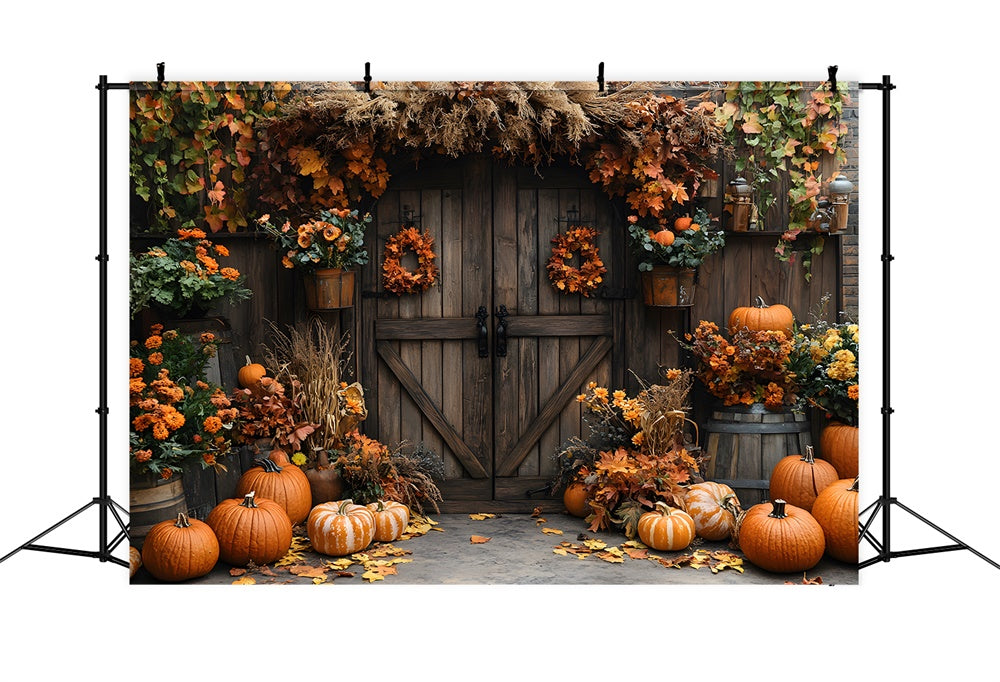 Autumn Barn Door Flowers Pumpkin Backdrop UK RR9-7