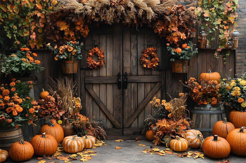 Autumn Barn Door Flowers Pumpkin Backdrop UK RR9-7