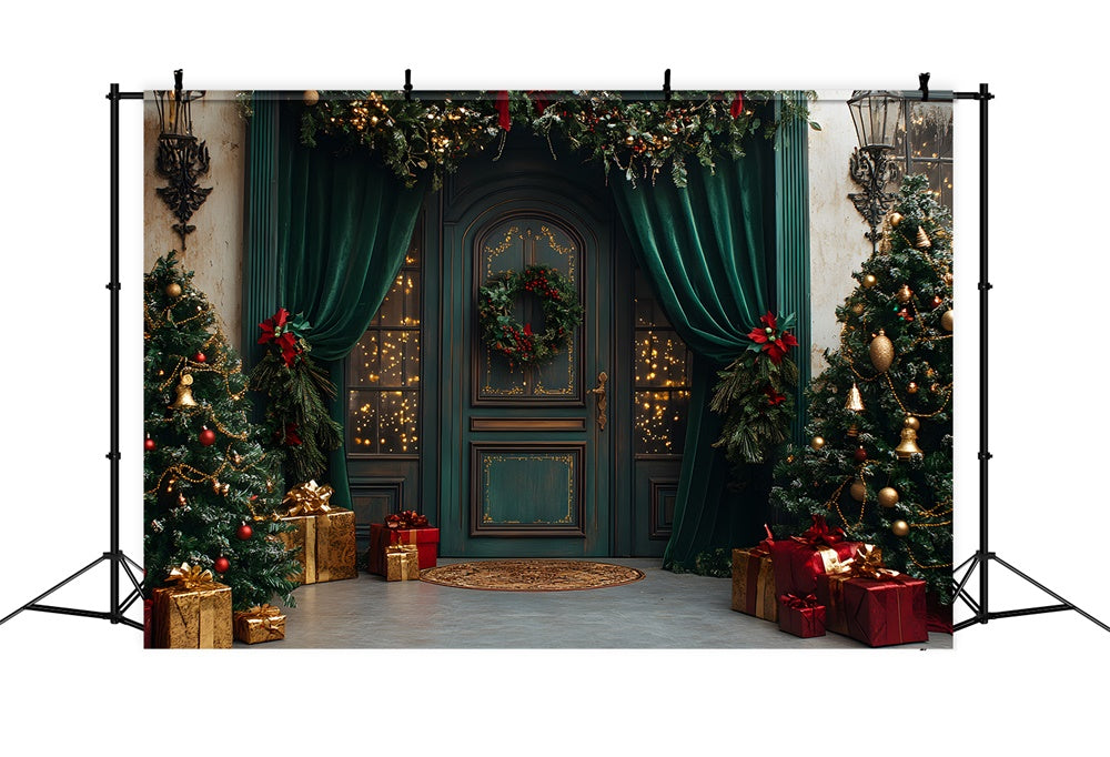 Christmas Retro Room Green Door Curtain Backdrop UK RR9-74