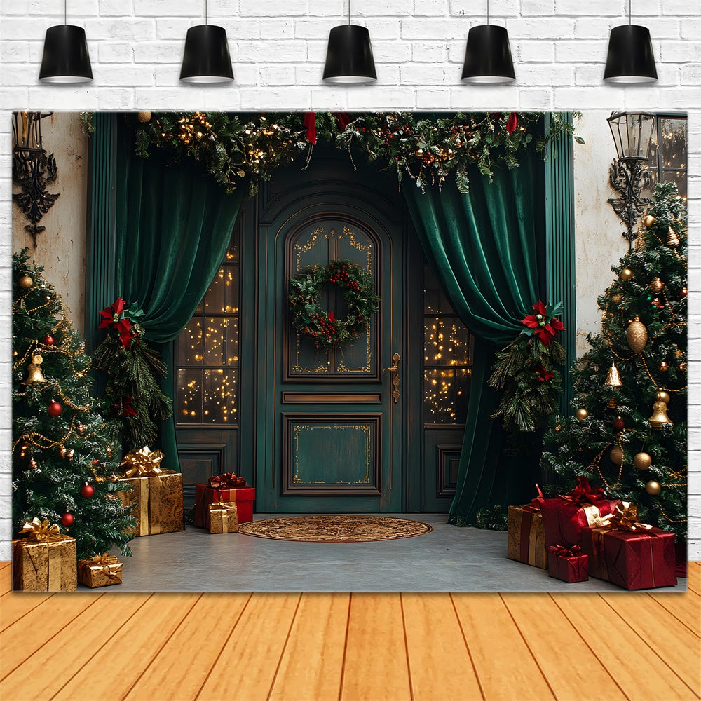 Christmas Retro Room Green Door Curtain Backdrop UK RR9-74