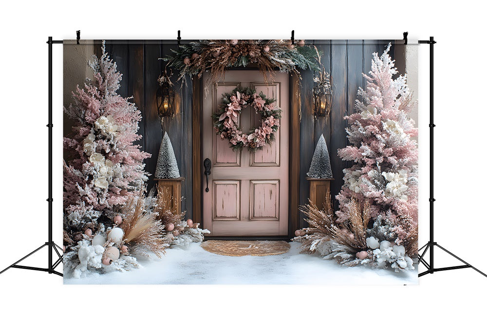 Christmas Pink Tree Wreath Door Snow Backdrop UK RR9-77