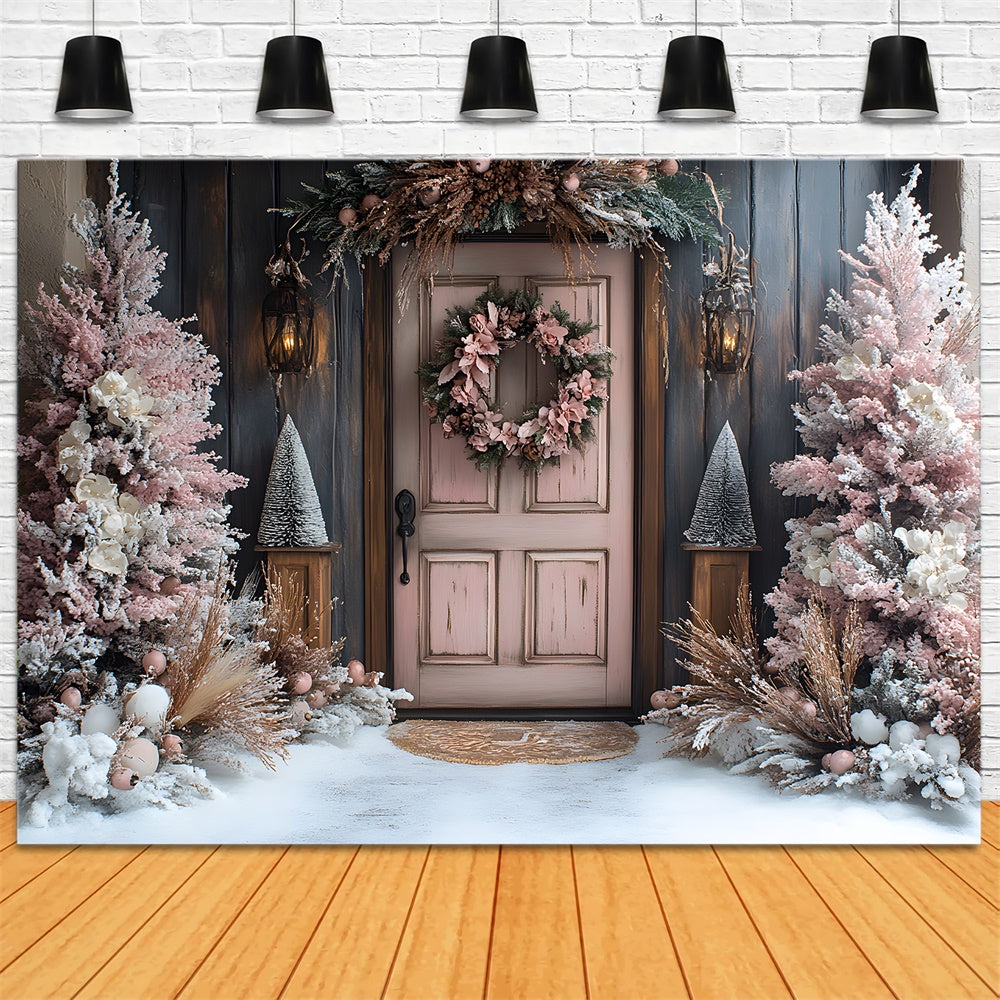 Christmas Pink Tree Wreath Door Snow Backdrop UK RR9-77