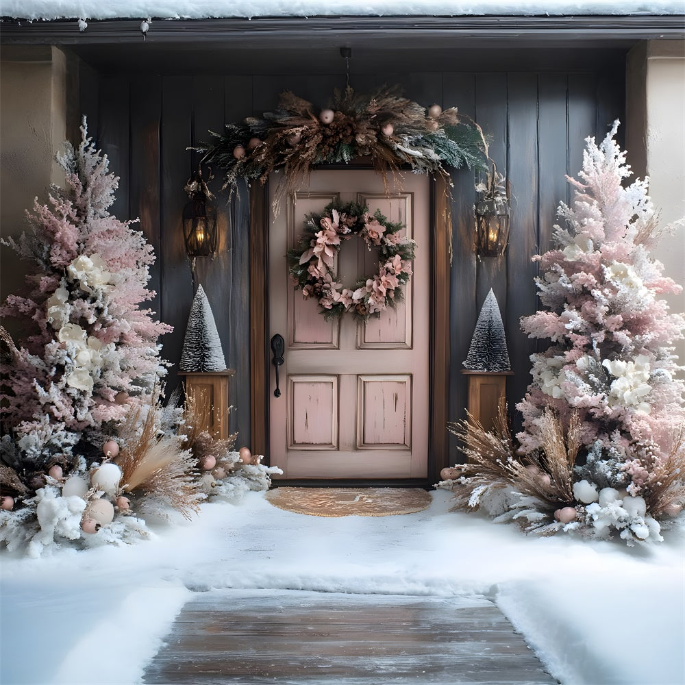 Christmas Pink Tree Wreath Door Snow Backdrop UK RR9-77