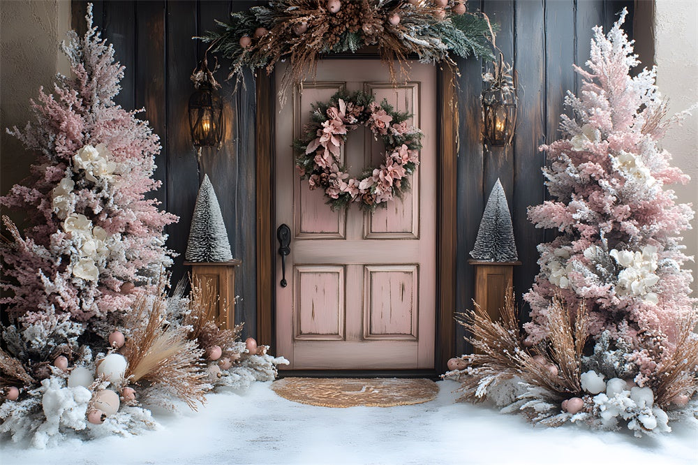 Christmas Pink Tree Wreath Door Snow Backdrop UK RR9-77