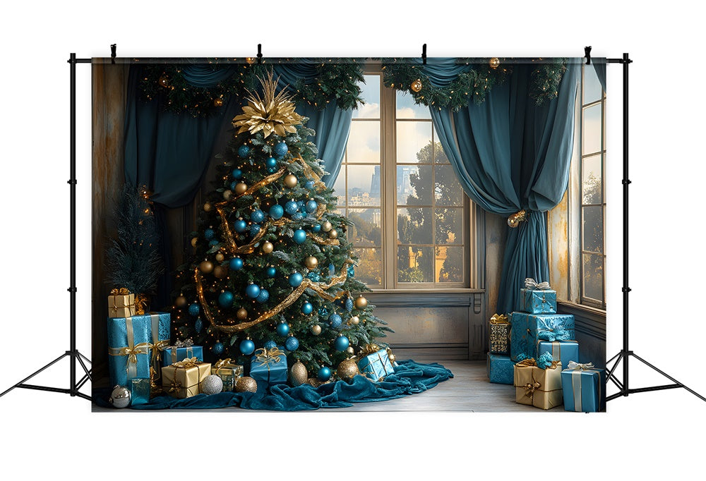 Blue Christmas Ball Tree Window City View Backdrop UK RR9-78