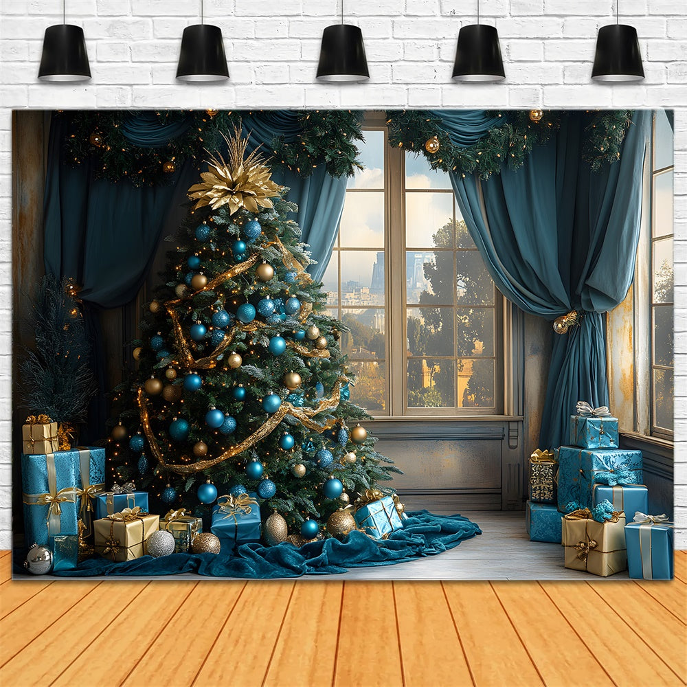 Blue Christmas Ball Tree Window City View Backdrop UK RR9-78