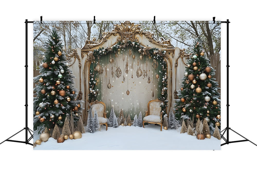 Snowy Christmas Yard Decorated Tree Door Backdrop UK RR9-79