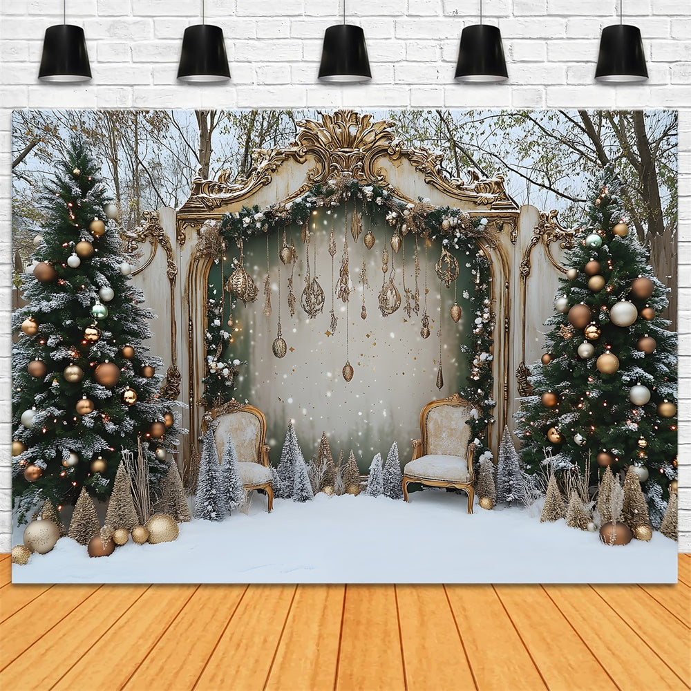 Snowy Christmas Yard Decorated Tree Door Backdrop UK RR9-79