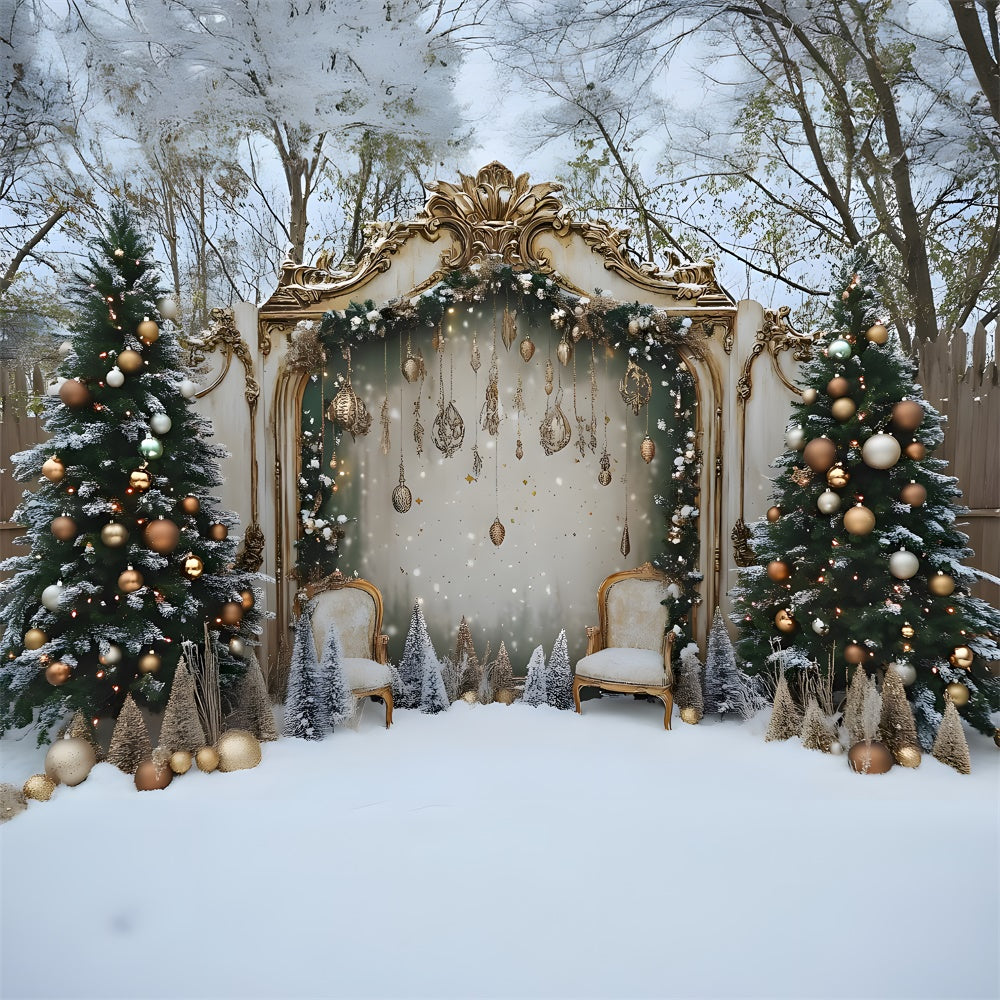 Snowy Christmas Yard Decorated Tree Door Backdrop UK RR9-79