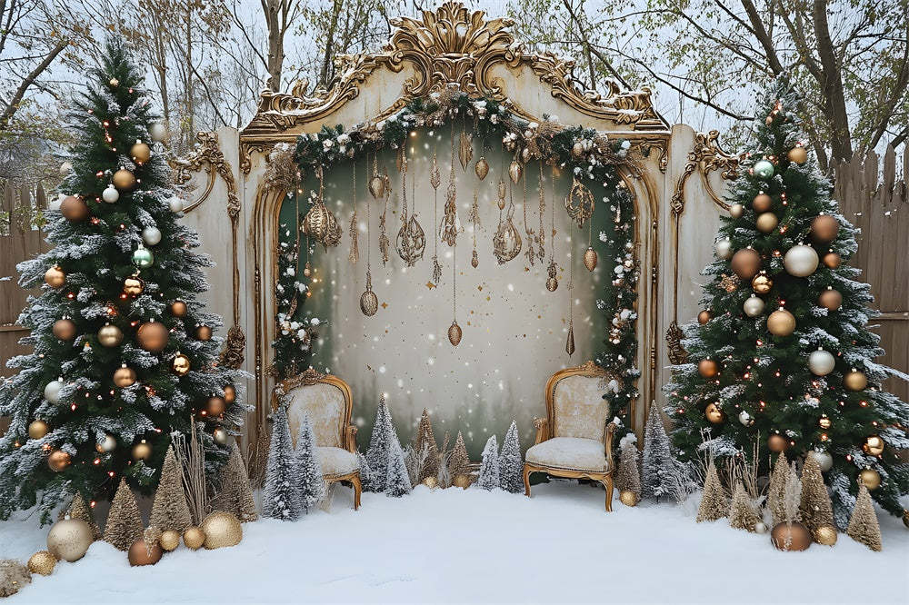 Snowy Christmas Yard Decorated Tree Door Backdrop UK RR9-79