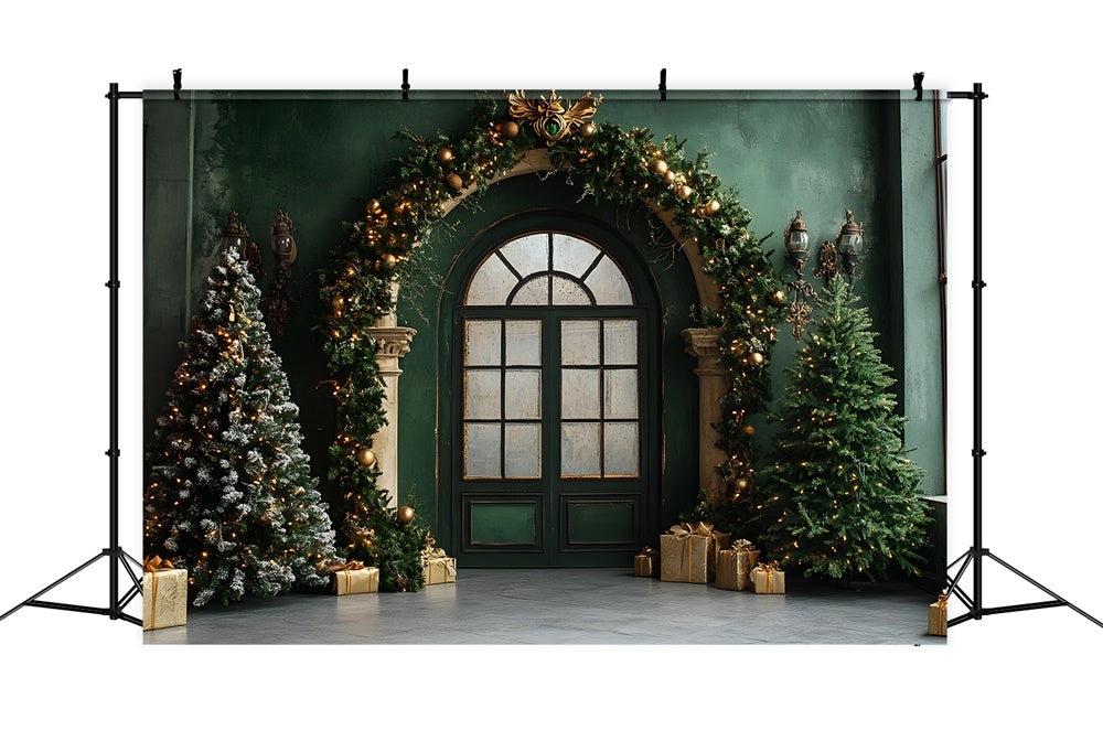 Christmas Vintage Room Green Door Wall Backdrop UK RR9-80