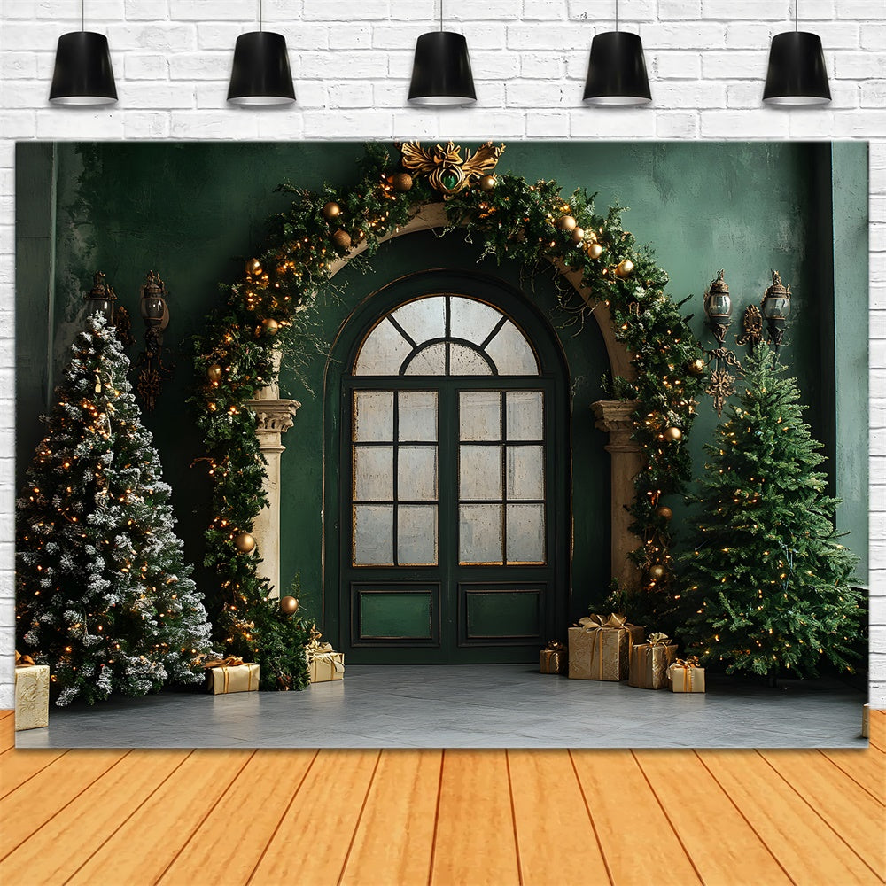 Christmas Vintage Room Green Door Wall Backdrop UK RR9-80