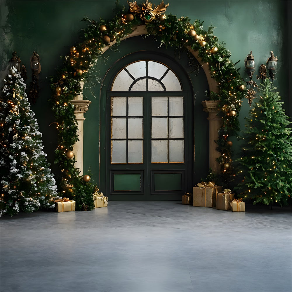 Christmas Vintage Room Green Door Wall Backdrop UK RR9-80