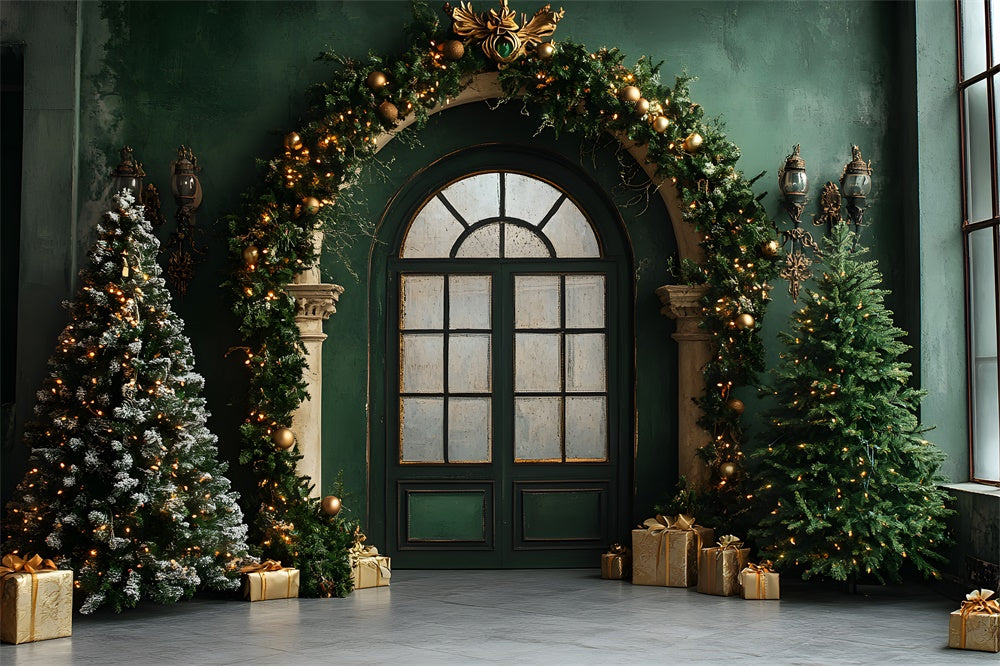 Christmas Vintage Room Green Door Wall Backdrop UK RR9-80