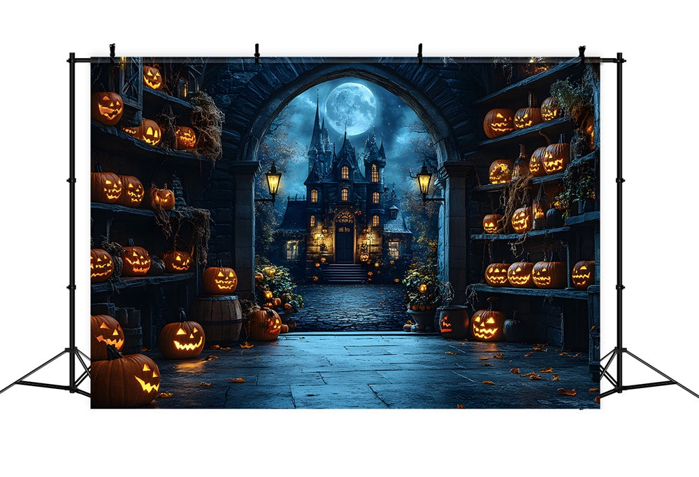 Halloween Spooky Castle Glowing Pumpkin Backdrop UK RR9-82