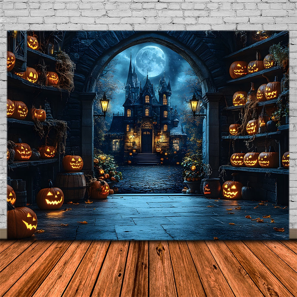 Halloween Spooky Castle Glowing Pumpkin Backdrop UK RR9-82