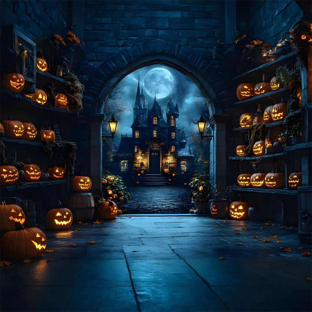 Halloween Spooky Castle Glowing Pumpkin Backdrop UK RR9-82